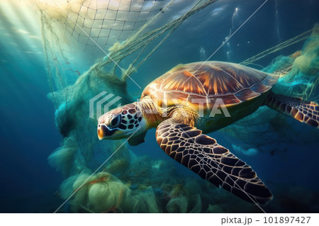 Turtle glides through the waves, a symbol of the resilience of marine life. The image underscores the importance of sustainable practices and environmental conservation. AI Generative. Turtle glides through the waves, a symbol of the resilience of marine life. The image underscores the importance of sustainable practices and environmental conservation. AI Generative. 101897427