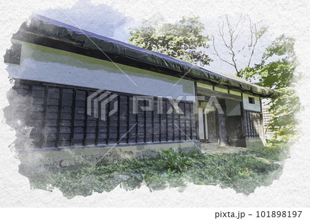 水彩画風 米子城跡 小原家長屋門 鳥取県米子市 水彩画風 米子城跡 小原家長屋門 鳥取県米子市 101898197