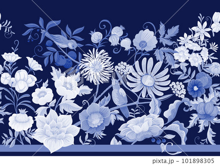 Fantasy flowers and birds in retro, vintage, jacobean embroidery style.  101898305