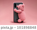 A pink bear is happy with a gift and hugs a brand new smartphone. a phone gift for loved ones and children Ai generated 101898848