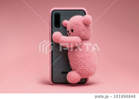 A pink bear is happy with a gift and hugs a brand new smartphone. a phone gift for loved ones and children Ai generated 101898848