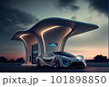 A sleek supercar sits at a futuristic gas station, The station is a hub of activity, with electric cars and hydrogen fuel vehicles pulling in to refuel for their next high-speed adventure Ai generated 101898850