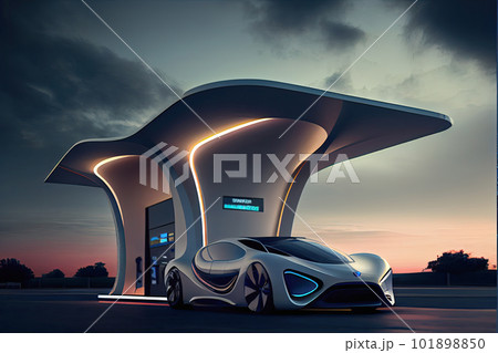 A sleek supercar sits at a futuristic gas station, The station is a hub of activity, with electric cars and hydrogen fuel vehicles pulling in to refuel for their next high-speed adventure Ai generated 101898850