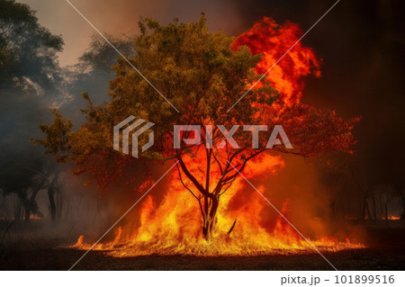 A tree engulfed in flames against a fiery sunrise, a striking reminder of the danger and impact of natural disasters. AI Generative A tree engulfed in flames against a fiery sunrise, a striking reminder of the danger and impact of natural disasters. AI Generative 101899516