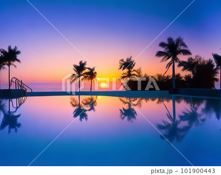 Destination for a summer beach vacation, an opulent beachside resort swimming pool with a tropical backdrop with silhouettes and water reflections. Generative AI. 101900443