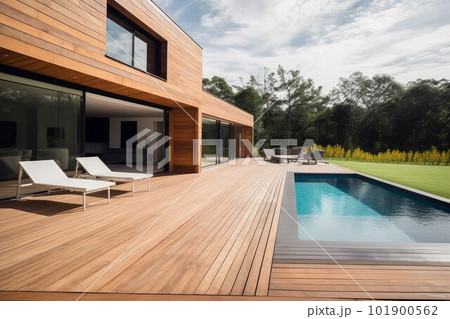 Wood terrace pool. Modern patio. Generate Ai Wood terrace pool. Modern patio. Generate Ai 101900562