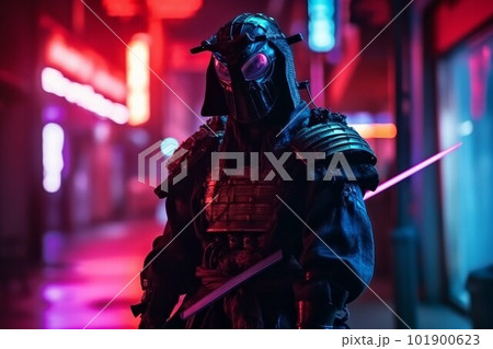 Street samurai. Costume katana warrior. Generate Ai 101900623