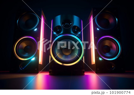Neon stereo speakers. Party digital. Generate Ai 101900774