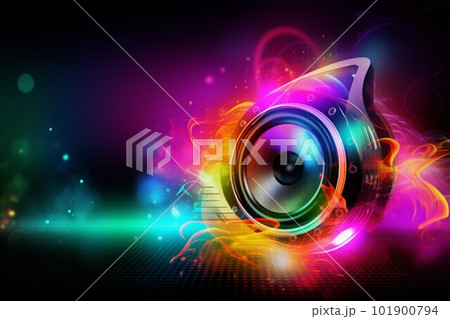 Loudspeaker colorful music. Audio neon volume. Generate Ai 101900794