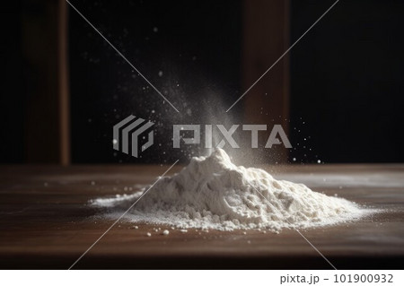 Flour powder on wood table. Snow food. Generate Ai 101900932
