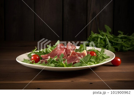 Fresh arugula meat cheese. Meal dinner. Generate Ai Fresh arugula meat cheese. Meal dinner. Generate Ai 101900962