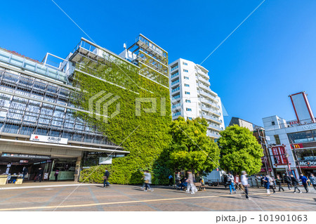 日本の東京都市景観　夏日。東急病院併設の東急電鉄 大岡山駅や駅前の風景などを望む 101901063