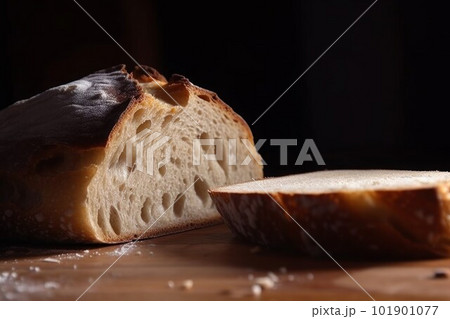 Cutted bread on table. Tasty loaf. Generate Ai 101901077