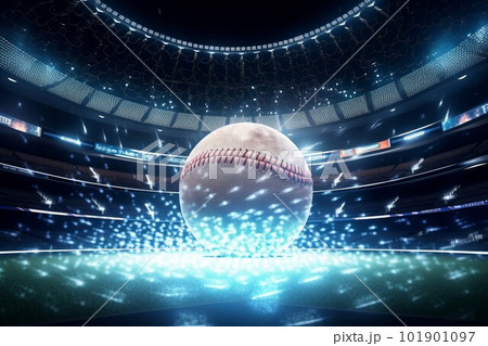 Big baseball ball in lights. Sport team. Generate Ai Big baseball ball in lights. Sport team. Generate Ai 101901097