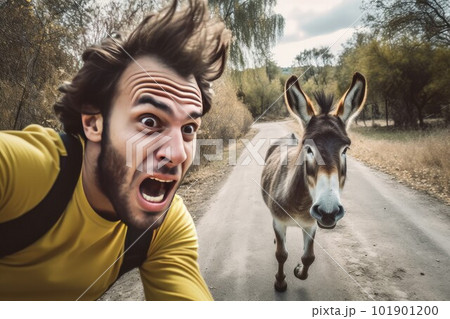 Surprised man selfie with donkey. Modern blog. Fictional person. Generate Ai Surprised man selfie with donkey. Modern blog. Fictional person. Generate Ai 101901200