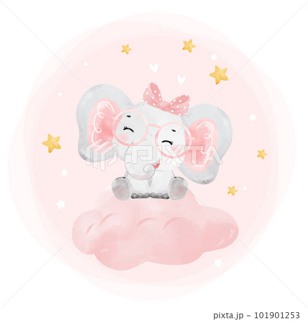 cute happy cheerful smile baby pink elephant girl sitting on pink cloud, adorable nursery birthday wildlife animal watercolur cartoon illustration 101901253