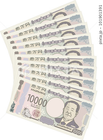 一万円札10枚下方向に重ねて並べた図_10万円 101901391