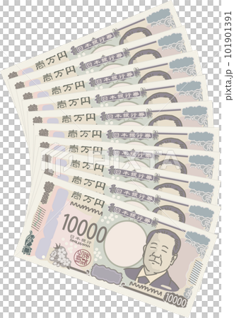 一万円札10枚下方向に重ねて並べた図_10万円 101901391
