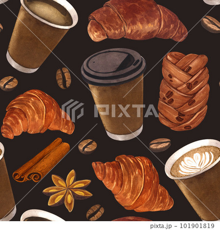 Watercolor seamless pattern coffee and dessert. Hand-drawn illustration isolated on black background. Perfect food menu, concept for cafe, restaurant element Watercolor seamless pattern coffee and dessert. Hand-drawn illustration isolated on black background. Perfect food menu, concept for cafe, restaurant element 101901819