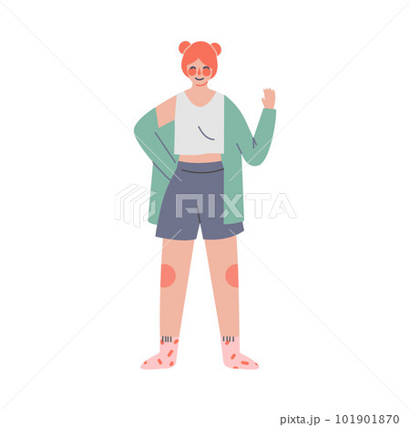 Beautiful woman in trendy comfy home clothes. Girl in cozy outfit standing and waving her hand cartoon vector illustration Beautiful woman in trendy comfy home clothes. Girl in cozy outfit standing and waving her hand cartoon vector illustration 101901870