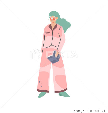 Beautiful young woman in comfy home clothes. Girl in cozy outfit or nightwear standing with book cartoon vector illustration Beautiful young woman in comfy home clothes. Girl in cozy outfit or nightwear standing with book cartoon vector illustration 101901871
