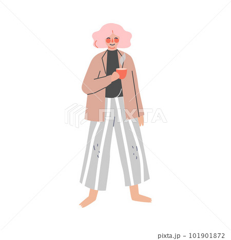 Beautiful woman in trendy comfy home clothes. Girl in cozy outfit standing with cup of tea cartoon vector illustration 101901872