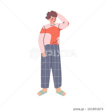 Teenage boy in comfy home clothes. Cheerful guy in cozy outfit or nightwear cartoon vector illustration Teenage boy in comfy home clothes. Cheerful guy in cozy outfit or nightwear cartoon vector illustration 101901873