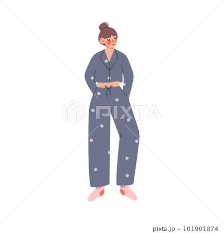 Beautiful woman in trendy comfy home clothes. Girl standing in cozy outfit or nightwear cartoon vector illustration Beautiful woman in trendy comfy home clothes. Girl standing in cozy outfit or nightwear cartoon vector illustration 101901874