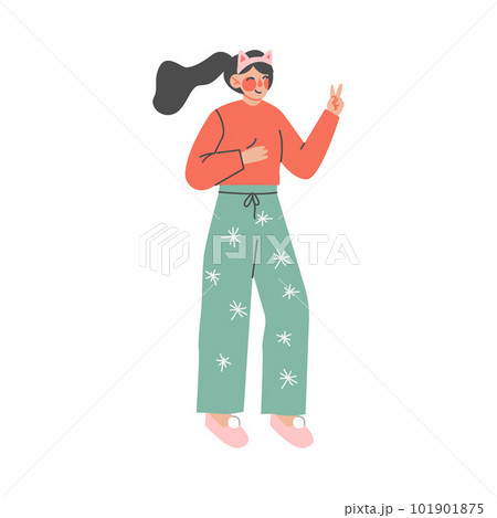 Beautiful teenage girl in comfy home clothes. Girl in cozy outfit or nightwear and headband cartoon vector illustration Beautiful teenage girl in comfy home clothes. Girl in cozy outfit or nightwear and headband cartoon vector illustration 101901875