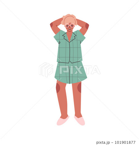 Beautiful woman in comfy pajamas standing with her hands behind her head. Girl in cozy home clothes standing cartoon vector illustration Beautiful woman in comfy pajamas standing with her hands behind her head. Girl in cozy home clothes standing cartoon vector illustration 101901877