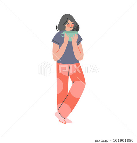 Woman in comfy home clothes holding huge cup of tea. Girl in cozy outfit or pajamas cartoon vector illustration 101901880