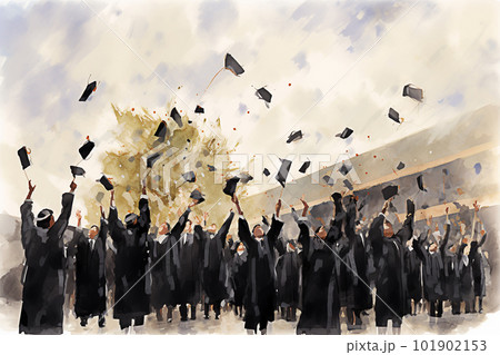 Group of graduates throwing mortarboards in the air. Watercolor painting. Generative AI 101902153