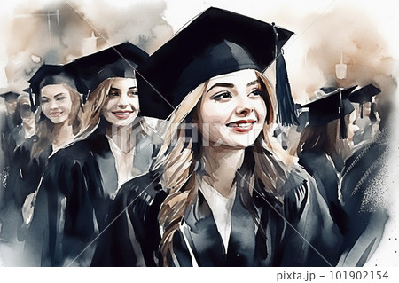 Digital watercolor painting of a group of happy graduating students standing together. Generative AI 101902154