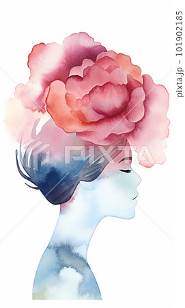 Watercolor illustration of a beautiful woman with flowers in her hair. Generative AI 101902185