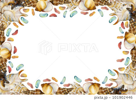 Hand drawn watercolor spiral pearl, brown and gold sea shells and starfish. Square border frame. Isolated on white background. Wall art, wedding, print, fabric, cover, card, tourism, travel booklet. 101902446