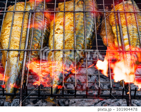 Mackerel fish is baked on a metal grill in a flame of fire. Mackerel fish is baked on a metal grill in a flame of fire. 101904478