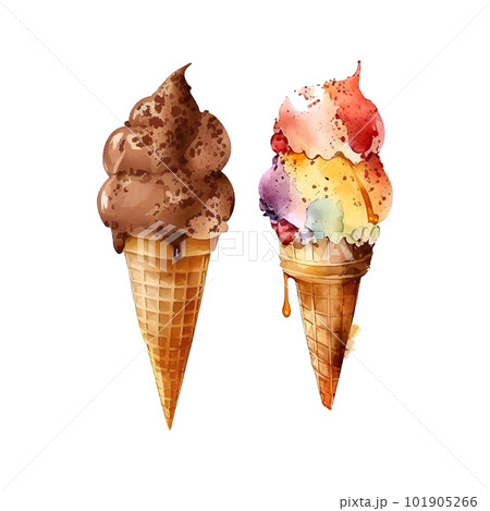Chocolate ice cream waffle cone, Watercolor drawing, isolated on white. Vector. 101905266