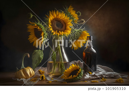 Rural still life sunflower oil in bottle with flowers of sunflower Helianthus annuus in dark light. Neural network AI generated art 101905310
