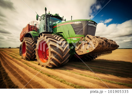 Tractor spraying pesticides on soybean field with sprayer at spring. Neural network AI generated art 101905335