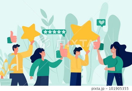 The people characters giving five star feedback represent the importance of customer satisfaction and the role it plays in the success of a business. Reviews stars with good and bad rate. Vector 101905355