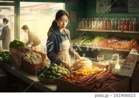 Beautiful Asian woman sells vegetables. Neural network AI generated art Beautiful Asian woman sells vegetables. Neural network AI generated art 101906023