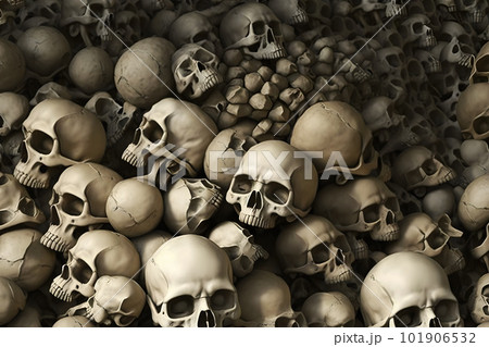 Wall of human bones and skulls in a catacomb. Neural network AI generated art 101906532