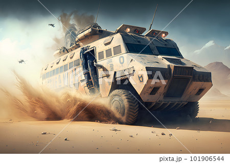 Military armored car rides in the desert. Neural network AI generated art 101906544