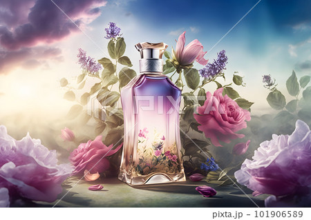 Beautiful perfume bottle with flowers against the sky. Neural network AI generated art Beautiful perfume bottle with flowers against the sky. Neural network AI generated art 101906589