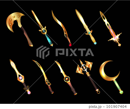 Collection of decoration weapon for games. UI magic old defense armor badge. Set of medieval cartoon swords. Collection of decoration weapon for games. UI magic old defense armor badge. Set of medieval cartoon swords. 101907404