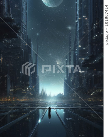 Magnificent futuristic metropolis far away in space. Magnificent futuristic metropolis far away in space. 101907414
