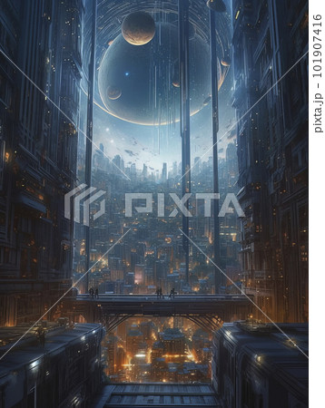 Magnificent futuristic metropolis far away in space. 101907416
