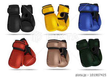 Color boxing gloves. Sport professional equipment for punch boxers decent. Realistic professional accessories. 3d isolated objects utter vector set 101907425