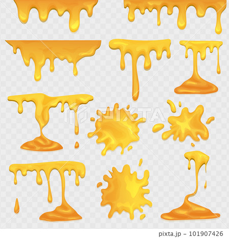 Honey flowing and dripping set. Maple syrup, caramel and sweet sugar. Realistic vector yellow sweet honey blots and splash set. Honey flowing and dripping set. Maple syrup, caramel and sweet sugar. Realistic vector yellow sweet honey blots and splash set. 101907426