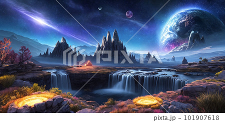 Fantasy planet with river on foreground . AI Generative 101907618